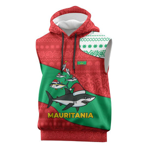 Mauritania Christmas Sleeveless Hoodie Santa Sharks Festive Fish Pattern and Red Green Holiday - African Pride