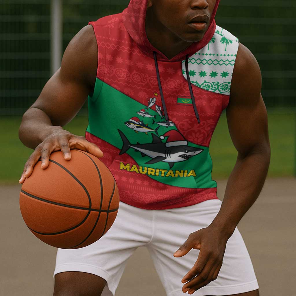 Mauritania Christmas Sleeveless Hoodie Santa Sharks Festive Fish Pattern and Red Green Holiday - African Pride