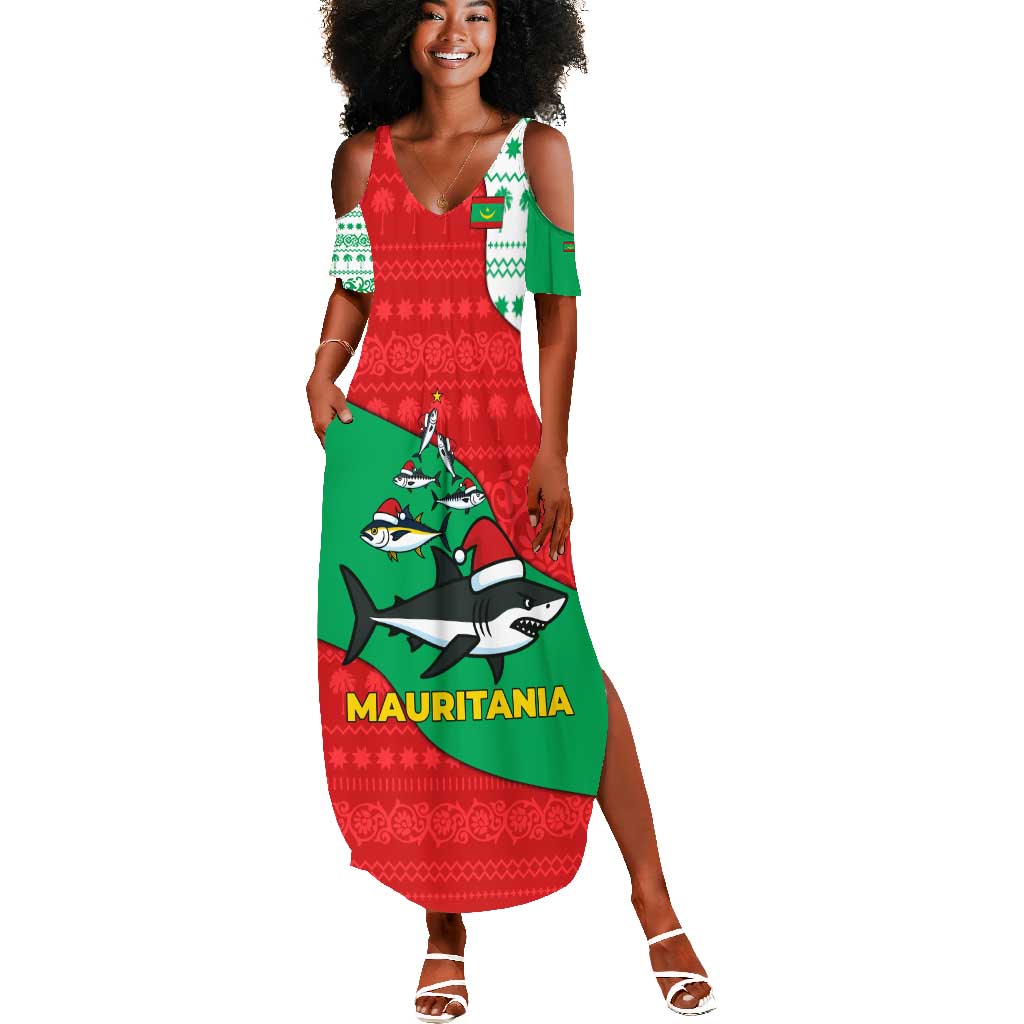 Mauritania Christmas Summer Maxi Dress Santa Sharks Festive Fish Pattern and Red Green Holiday - African Pride