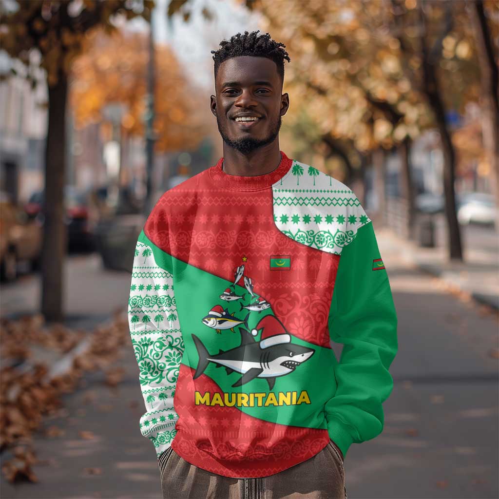 Mauritania Christmas Sweatshirt Santa Sharks Festive Fish Pattern and Red Green Holiday - African Pride