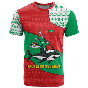 Mauritania Christmas T shirt Santa Sharks Festive Fish Pattern and Red Green Holiday - African Pride