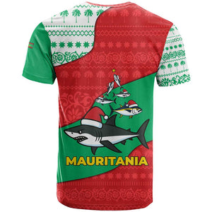 Mauritania Christmas T shirt Santa Sharks Festive Fish Pattern and Red Green Holiday - African Pride