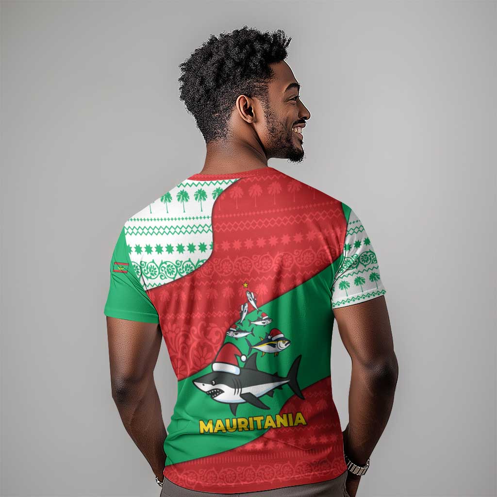 Mauritania Christmas T shirt Santa Sharks Festive Fish Pattern and Red Green Holiday - African Pride