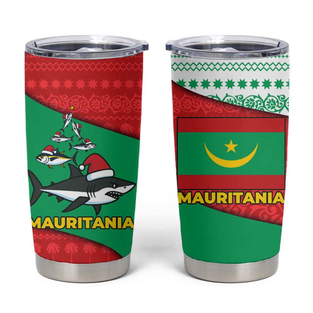 Mauritania Christmas Tumbler Cup Santa Sharks Festive Fish Pattern and Red Green Holiday - African Pride