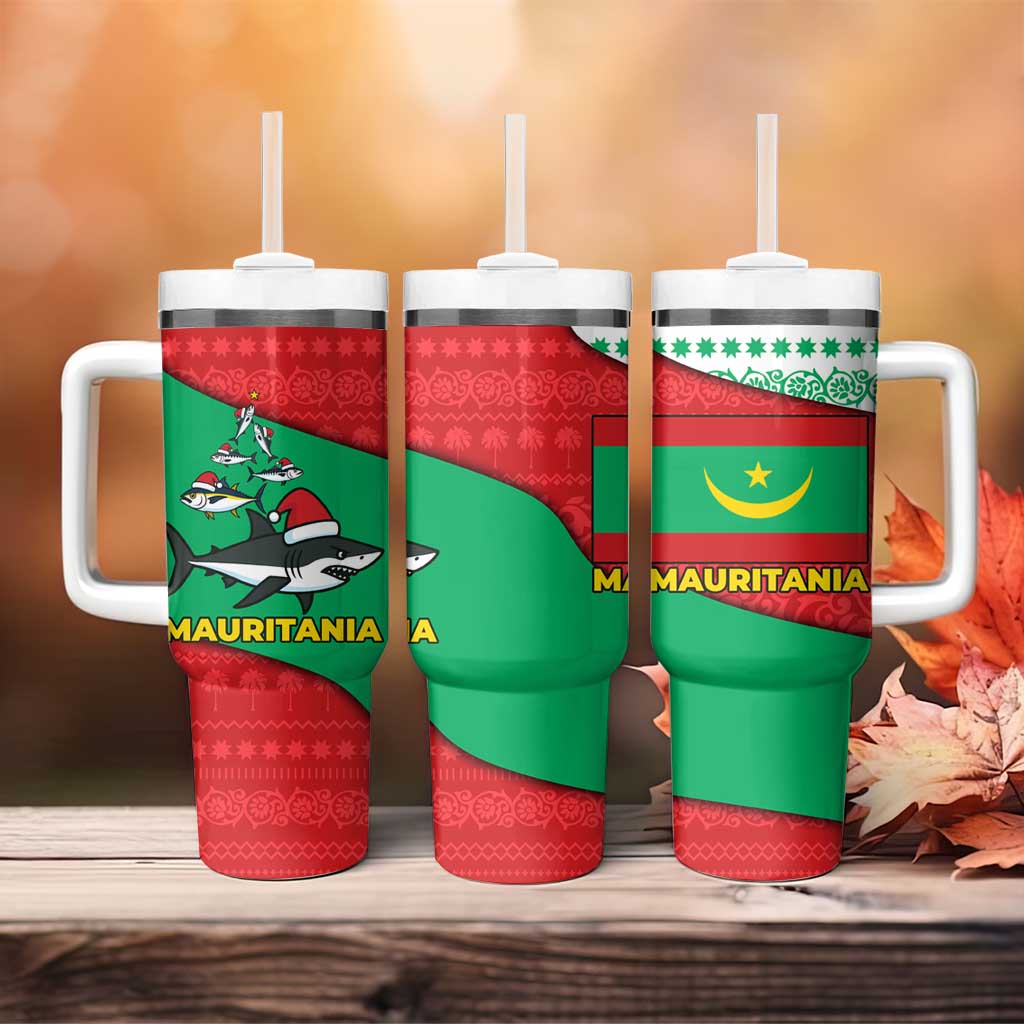 Mauritania Christmas Tumbler With Handle Santa Sharks Festive Fish Pattern and Red Green Holiday - African Pride