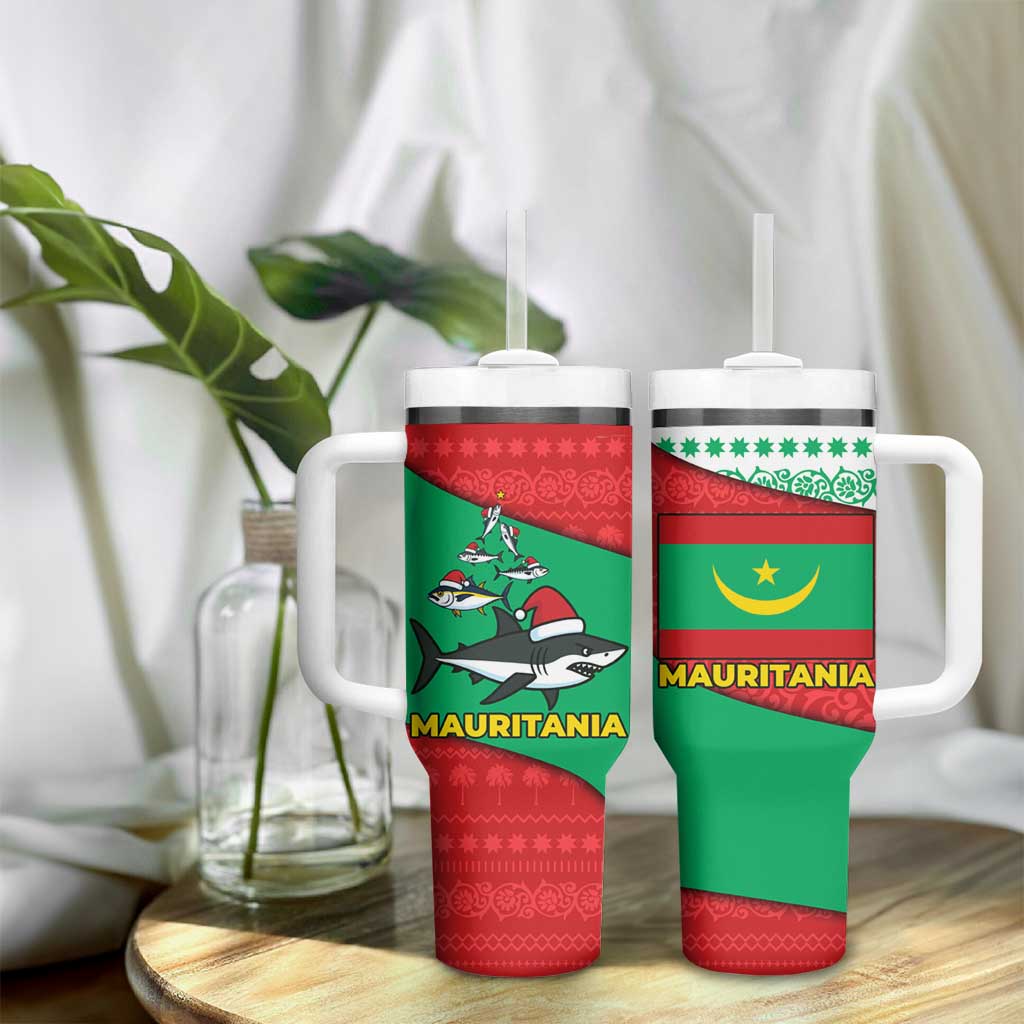 Mauritania Christmas Tumbler With Handle Santa Sharks Festive Fish Pattern and Red Green Holiday - African Pride