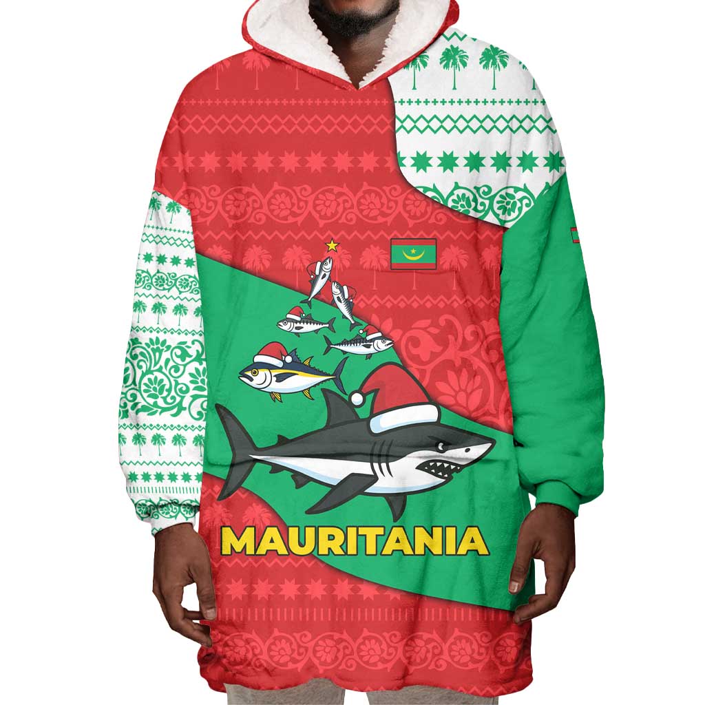 Mauritania Christmas Wearable Blanket Hoodie Santa Sharks Festive Fish Pattern and Red Green Holiday - African Pride
