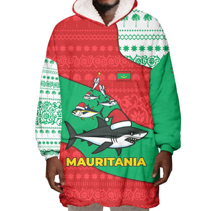 Mauritania Christmas Wearable Blanket Hoodie Santa Sharks Festive Fish Pattern and Red Green Holiday - African Pride