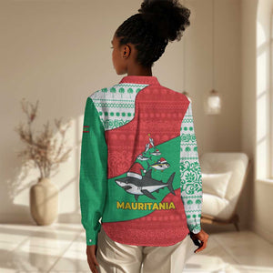 Mauritania Christmas Women Casual Shirt Santa Sharks Festive Fish Pattern and Red Green Holiday - African Pride