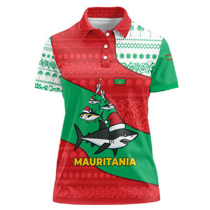 Mauritania Christmas Women Polo Shirt Santa Sharks Festive Fish Pattern and Red Green Holiday - African Pride