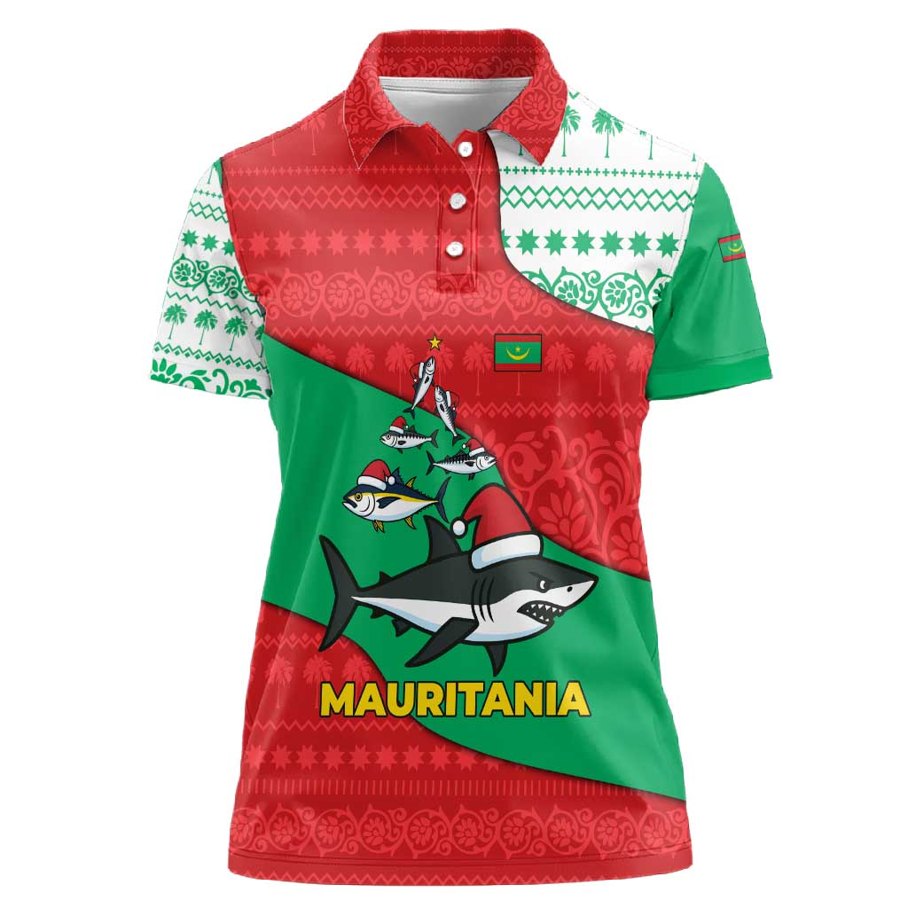 Mauritania Christmas Women Polo Shirt Santa Sharks Festive Fish Pattern and Red Green Holiday - African Pride