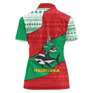 Mauritania Christmas Women Polo Shirt Santa Sharks Festive Fish Pattern and Red Green Holiday - African Pride