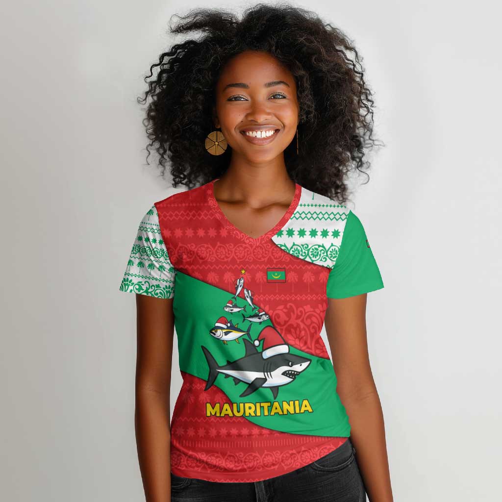 Mauritania Christmas Women V-Neck T-Shirt Santa Sharks Festive Fish Pattern and Red Green Holiday - African Pride