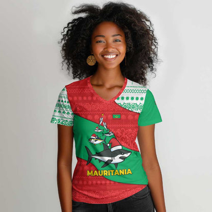 Mauritania Christmas Women V-Neck T-Shirt Santa Sharks Festive Fish Pattern and Red Green Holiday - African Pride