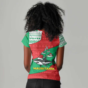 Mauritania Christmas Women V-Neck T-Shirt Santa Sharks Festive Fish Pattern and Red Green Holiday - African Pride
