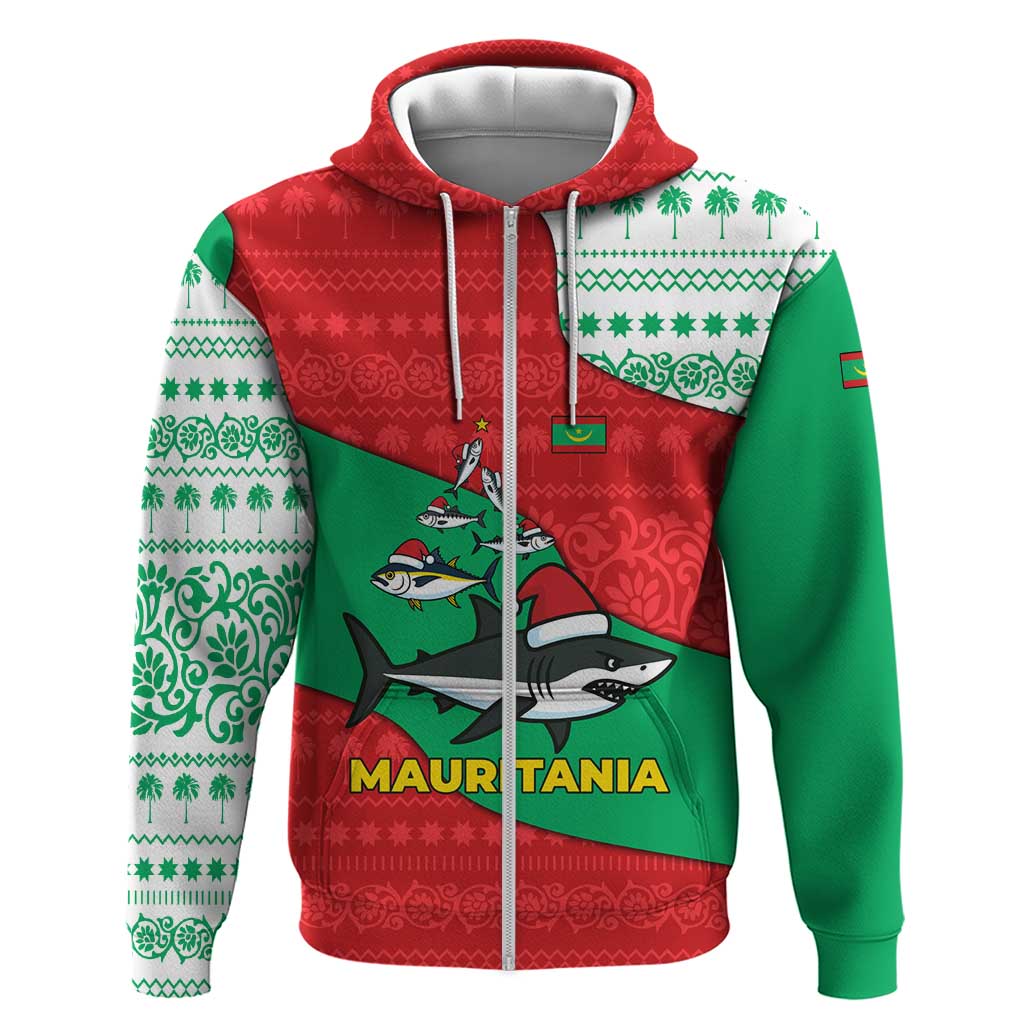 Mauritania Christmas Zip Hoodie Santa Sharks Festive Fish Pattern and Red Green Holiday - African Pride