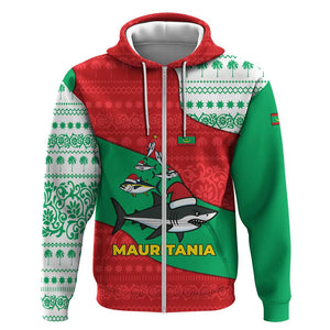 Mauritania Christmas Zip Hoodie Santa Sharks Festive Fish Pattern and Red Green Holiday - African Pride