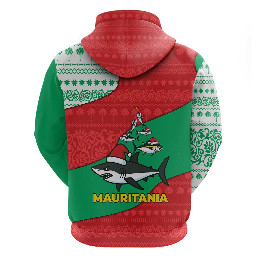 Mauritania Christmas Zip Hoodie Santa Sharks Festive Fish Pattern and Red Green Holiday - African Pride