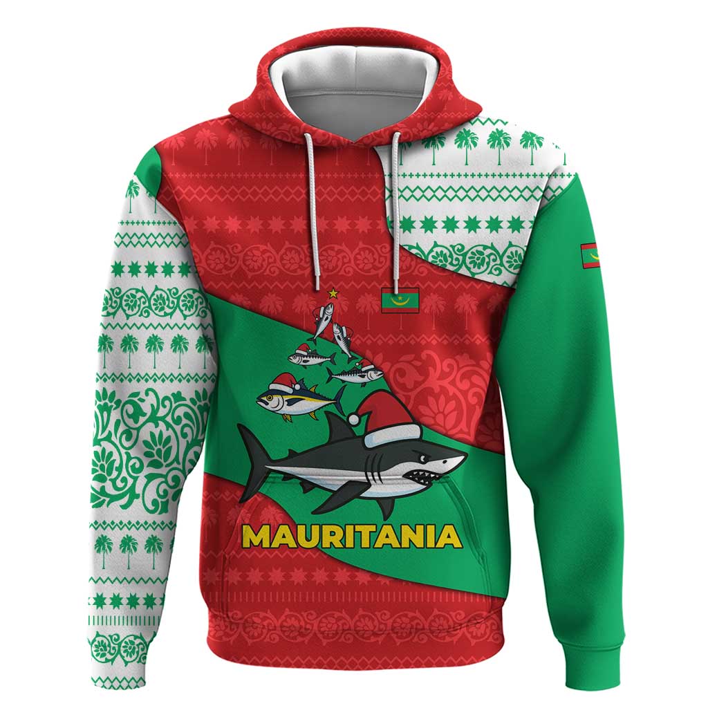 Mauritania Christmas Zip Hoodie Santa Sharks Festive Fish Pattern and Red Green Holiday - African Pride
