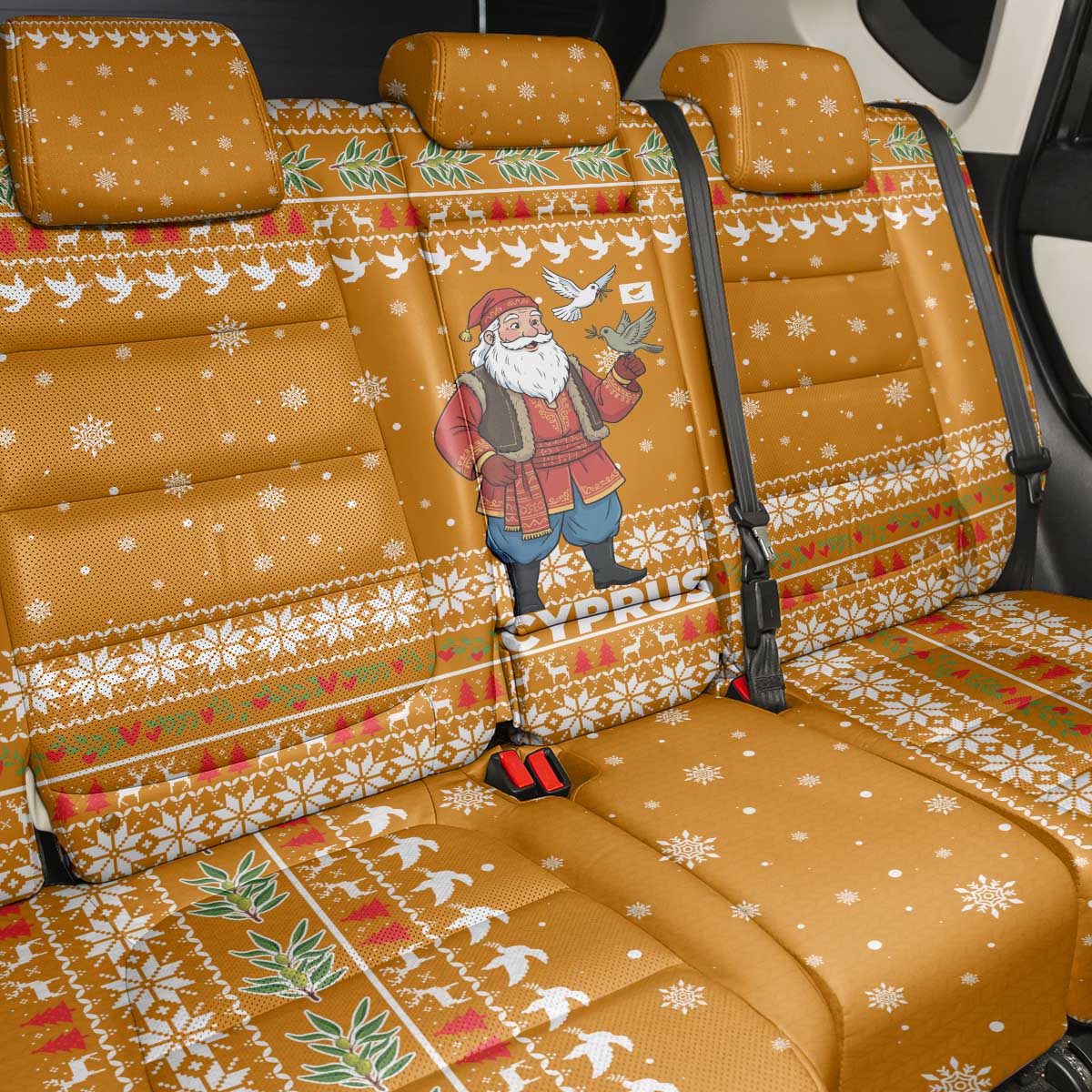 Cyprus Christmas Back Car Seat Cover Santa Holding Doves Olive Branch Snowflakes - African Pride