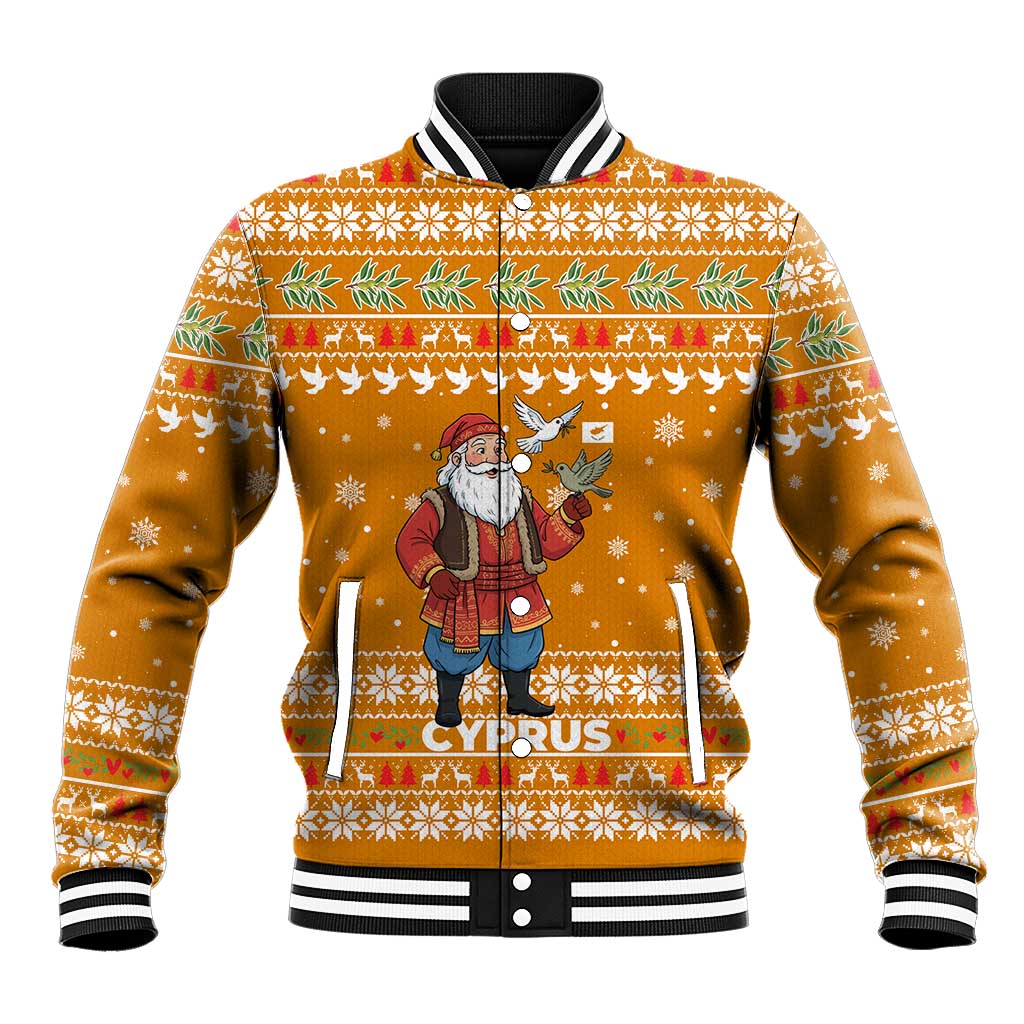 Cyprus Christmas Baseball Jacket Santa Holding Doves Olive Branch Snowflakes - African Pride