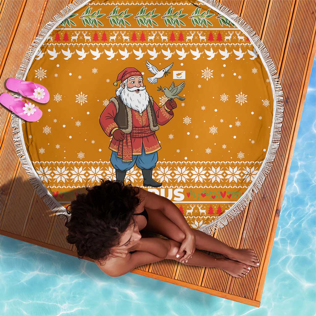 Cyprus Christmas Beach Blanket Santa Holding Doves Olive Branch Snowflakes - African Pride