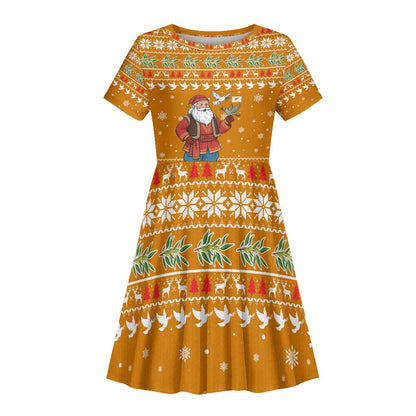 Cyprus Christmas Kid Short Sleeve Dress Santa Holding Doves Olive Branch Snowflakes - African Pride