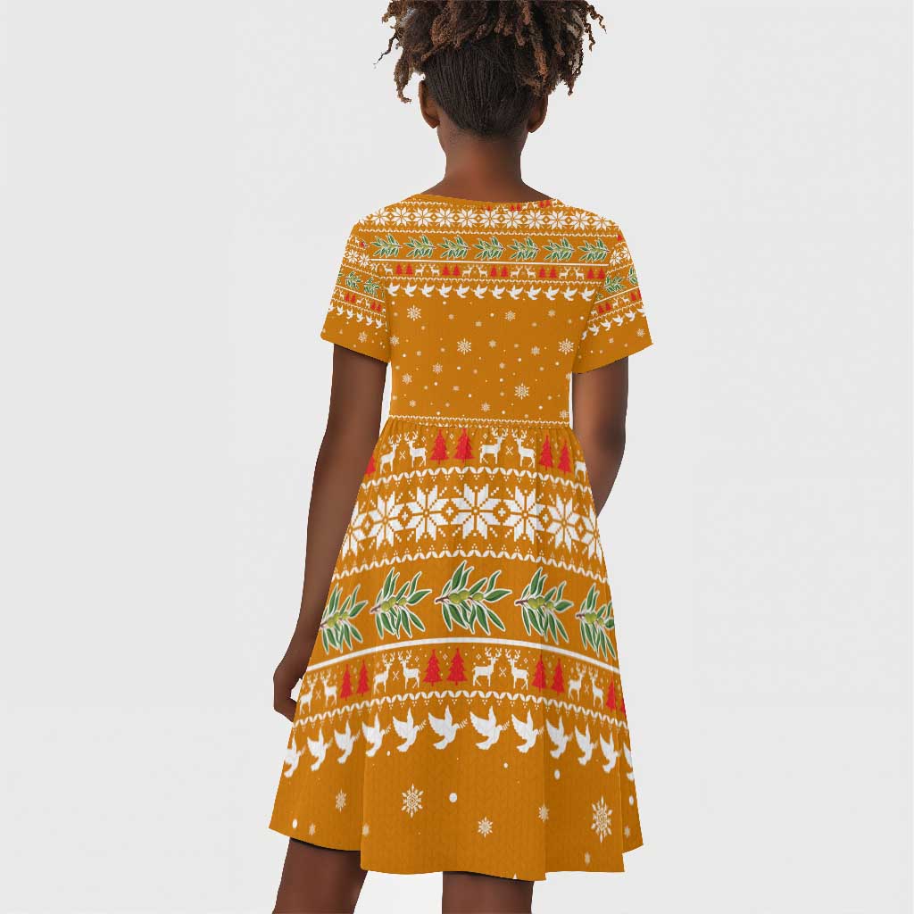 Cyprus Christmas Kid Short Sleeve Dress Santa Holding Doves Olive Branch Snowflakes - African Pride
