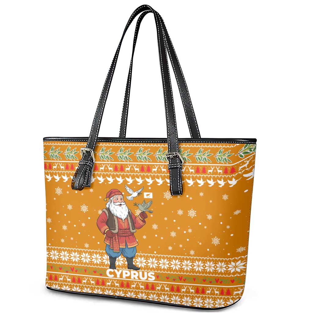Cyprus Christmas Leather Tote Bag Santa Holding Doves Olive Branch Snowflakes - African Pride