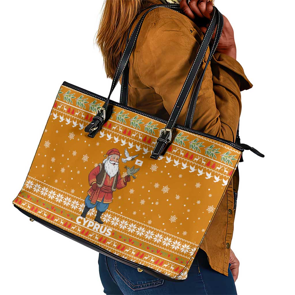 Cyprus Christmas Leather Tote Bag Santa Holding Doves Olive Branch Snowflakes - African Pride