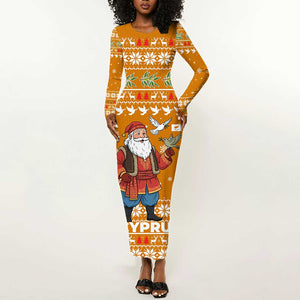 Cyprus Christmas Long Sleeve Bodycon Dress Santa Holding Doves Olive Branch Snowflakes - African Pride