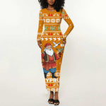 Cyprus Christmas Long Sleeve Bodycon Dress Santa Holding Doves Olive Branch Snowflakes - African Pride