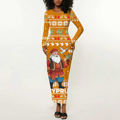 Cyprus Christmas Long Sleeve Bodycon Dress Santa Holding Doves Olive Branch Snowflakes - African Pride
