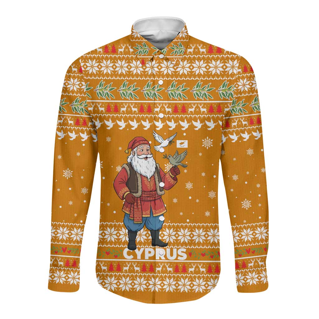 Cyprus Christmas Long Sleeve Button Shirt Santa Holding Doves Olive Branch Snowflakes - African Pride