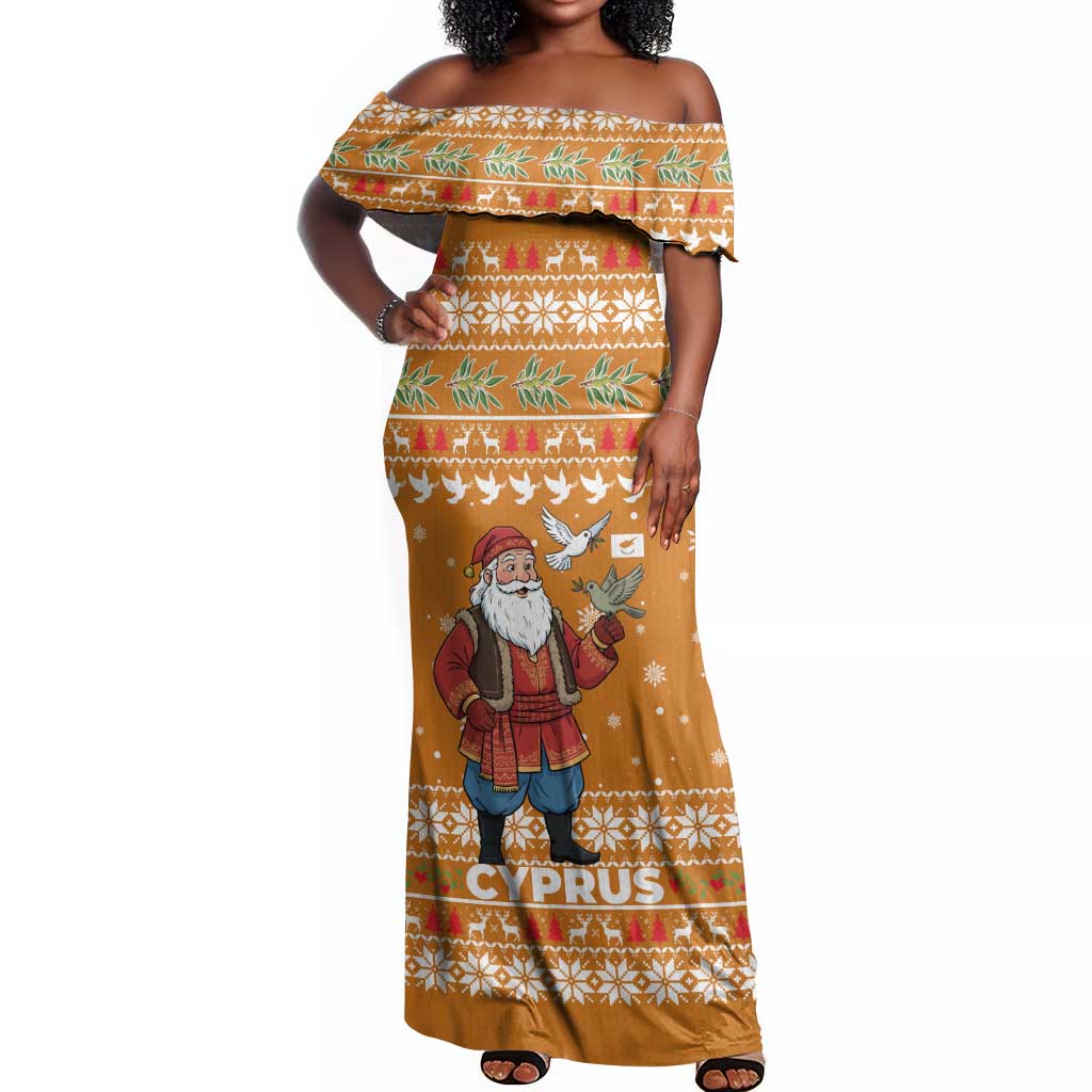 Cyprus Christmas Off Shoulder Maxi Dress Santa Holding Doves Olive Branch Snowflakes - African Pride