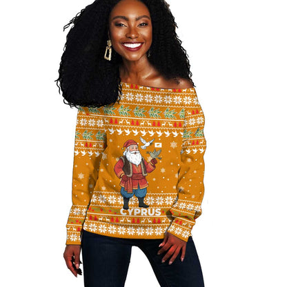 Cyprus Christmas Off Shoulder Sweater Santa Holding Doves Olive Branch Snowflakes - African Pride