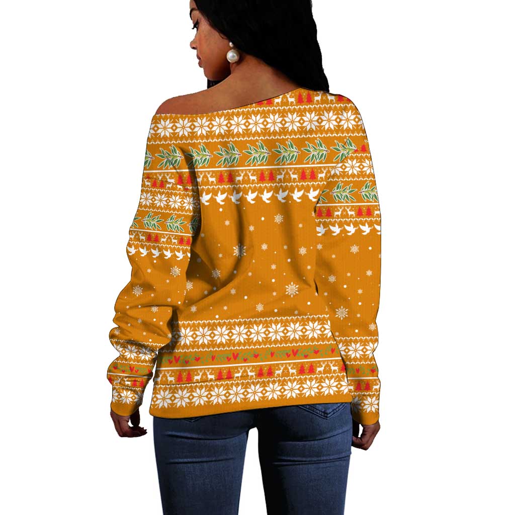 Cyprus Christmas Off Shoulder Sweater Santa Holding Doves Olive Branch Snowflakes - African Pride