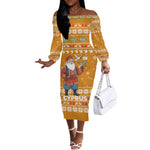 Cyprus Christmas Off The Shoulder Long Sleeve Dress Santa Holding Doves Olive Branch Snowflakes - African Pride