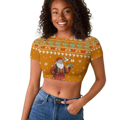 Cyprus Christmas Raglan Cropped T shirt Santa Holding Doves Olive Branch Snowflakes - African Pride