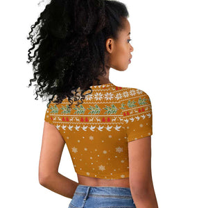 Cyprus Christmas Raglan Cropped T shirt Santa Holding Doves Olive Branch Snowflakes - African Pride