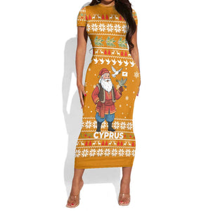 Cyprus Christmas Short Sleeve Bodycon Dress Santa Holding Doves Olive Branch Snowflakes - African Pride