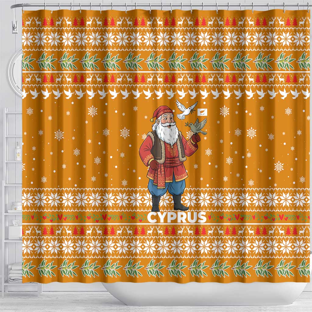 Cyprus Christmas Shower Curtain Santa Holding Doves Olive Branch Snowflakes - African Pride