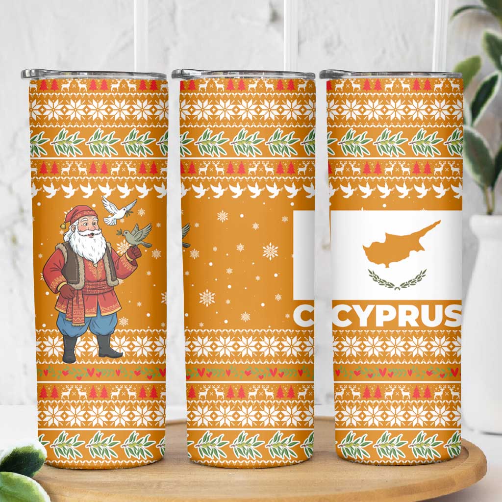 Cyprus Christmas Skinny Tumbler Santa Holding Doves Olive Branch Snowflakes - African Pride
