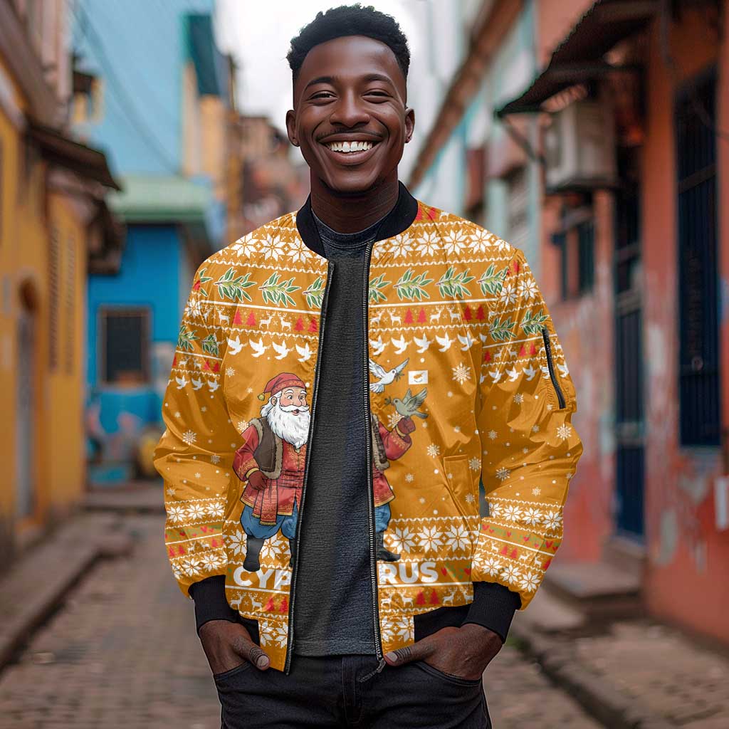 Cyprus Christmas Sleeve Zip Bomber Jacket Santa Holding Doves Olive Branch Snowflakes - African Pride