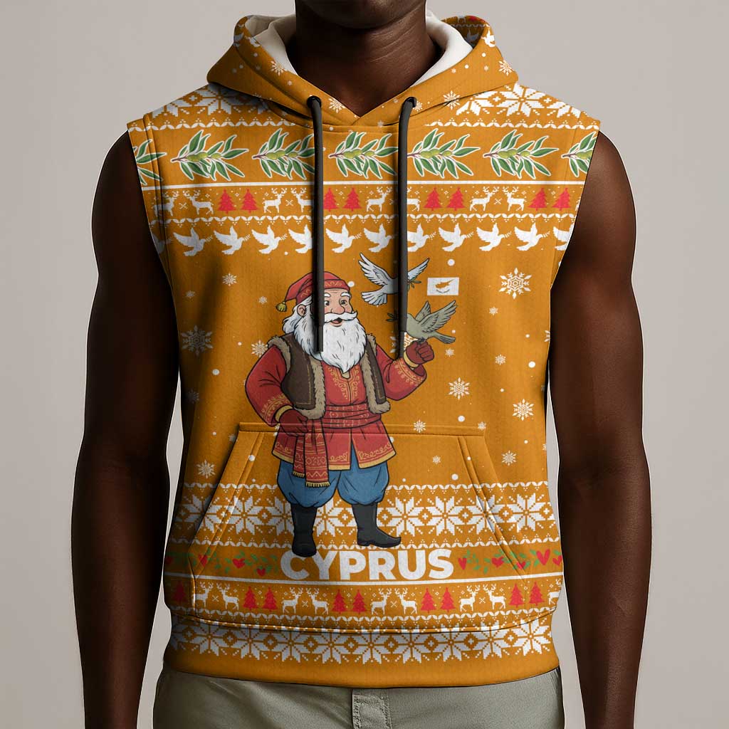 Cyprus Christmas Sleeveless Hoodie Santa Holding Doves Olive Branch Snowflakes - African Pride
