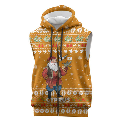 Cyprus Christmas Sleeveless Zip Hoodie Santa Holding Doves Olive Branch Snowflakes - African Pride