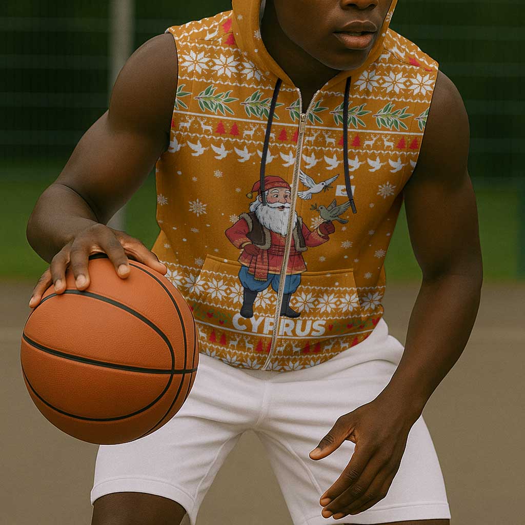 Cyprus Christmas Sleeveless Zip Hoodie Santa Holding Doves Olive Branch Snowflakes - African Pride