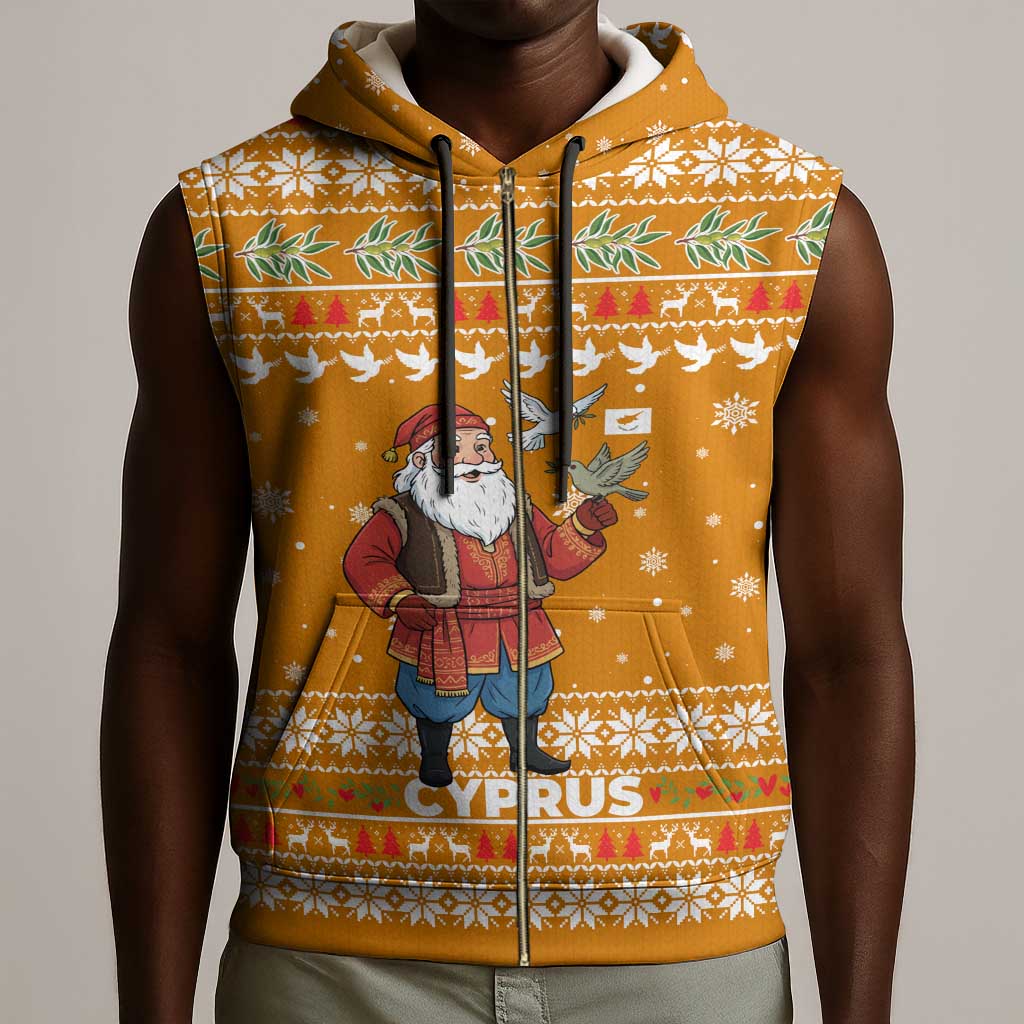 Cyprus Christmas Sleeveless Zip Hoodie Santa Holding Doves Olive Branch Snowflakes - African Pride