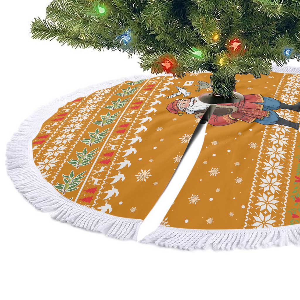 Cyprus Christmas Tree Skirt Santa Holding Doves Olive Branch Snowflakes - African Pride