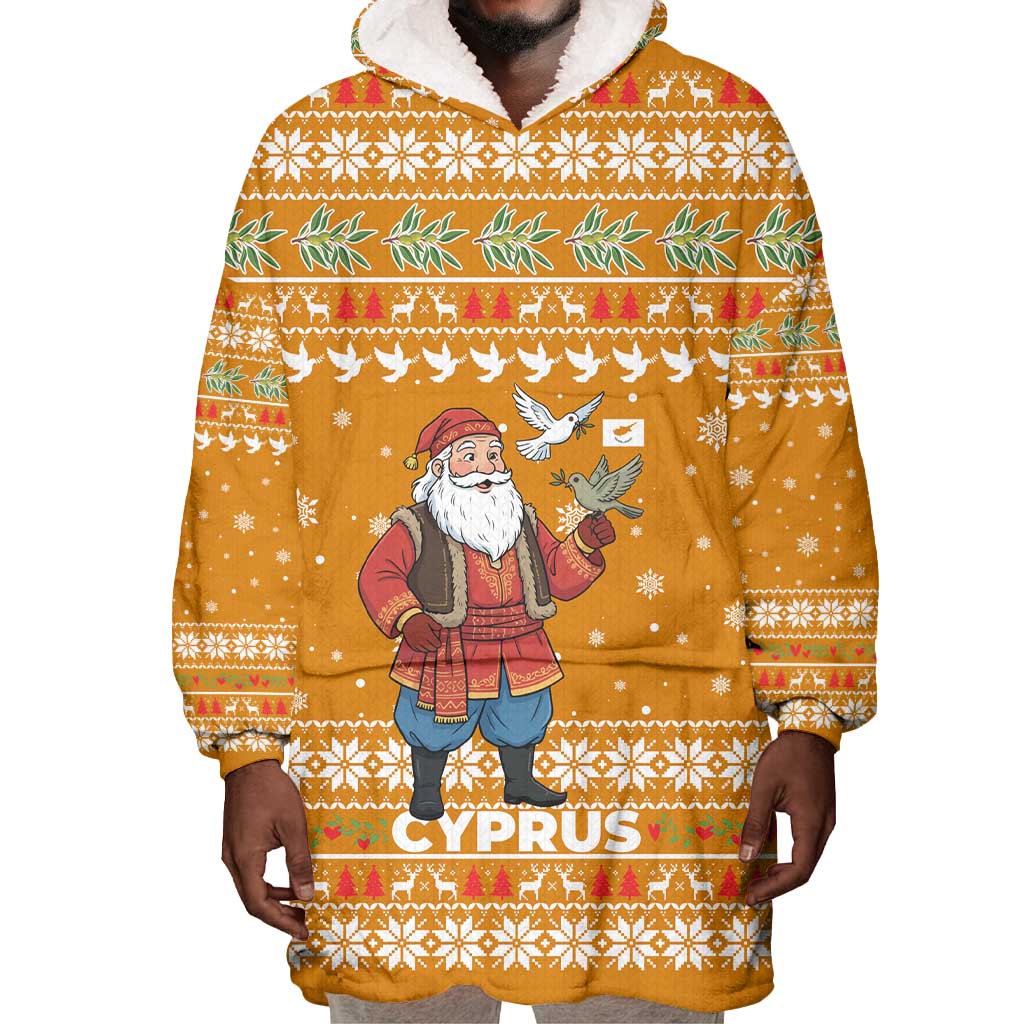 Cyprus Christmas Wearable Blanket Hoodie Santa Holding Doves Olive Branch Snowflakes - African Pride
